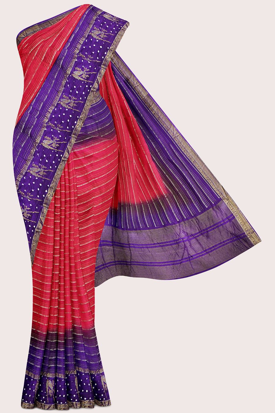 Georgette Bandini Border Doriya Weaving Pink With Purple Saree