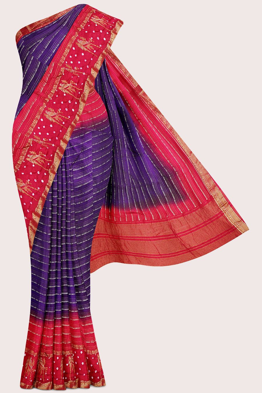 Georgette Bandini Border Doriya Weaving Purple With Pink Saree