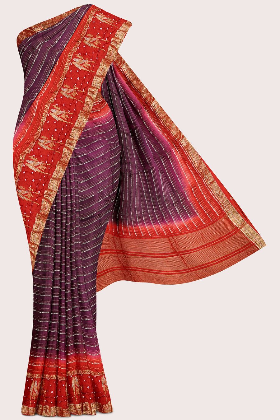 Georgette Bandini Border Doriya Weaving Wine With Red Saree