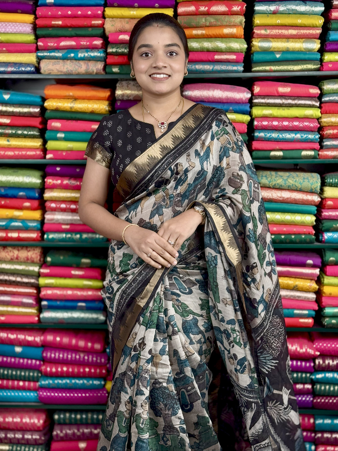 Soft Maheswari Silk Kalamkari Print Weat And RamaGreen Saree