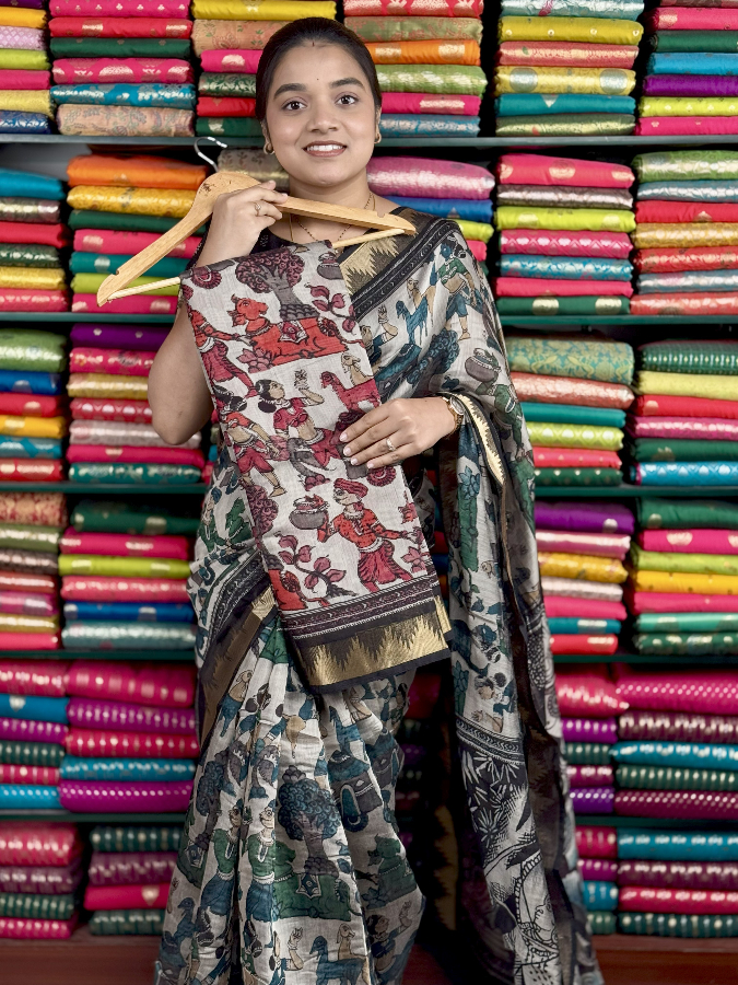 Soft Maheswari Silk Kalamkari Print Weat And Maroon Red Saree
