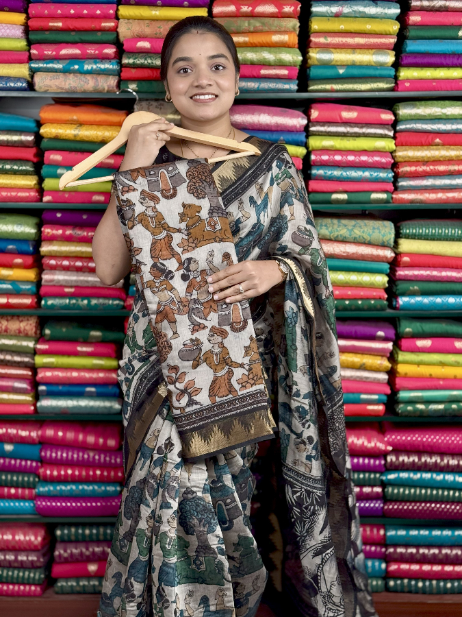 Soft Maheswari Silk Kalamkari Print Weat And Mustard And Orange Mix Saree
