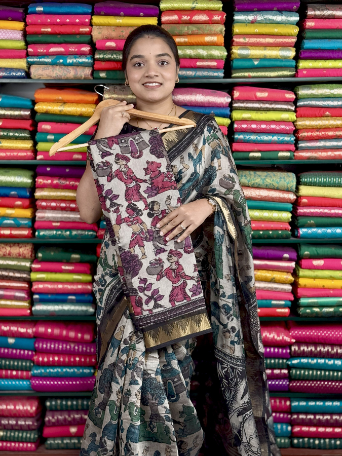 Soft Maheswari Silk Kalamkari Print Weat And Pink Saree