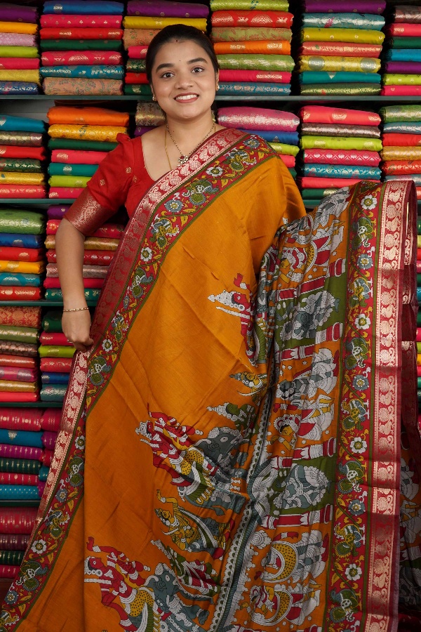 Semi Mangalagiri Kalamkari Print Musturd Yellow And Red Saree