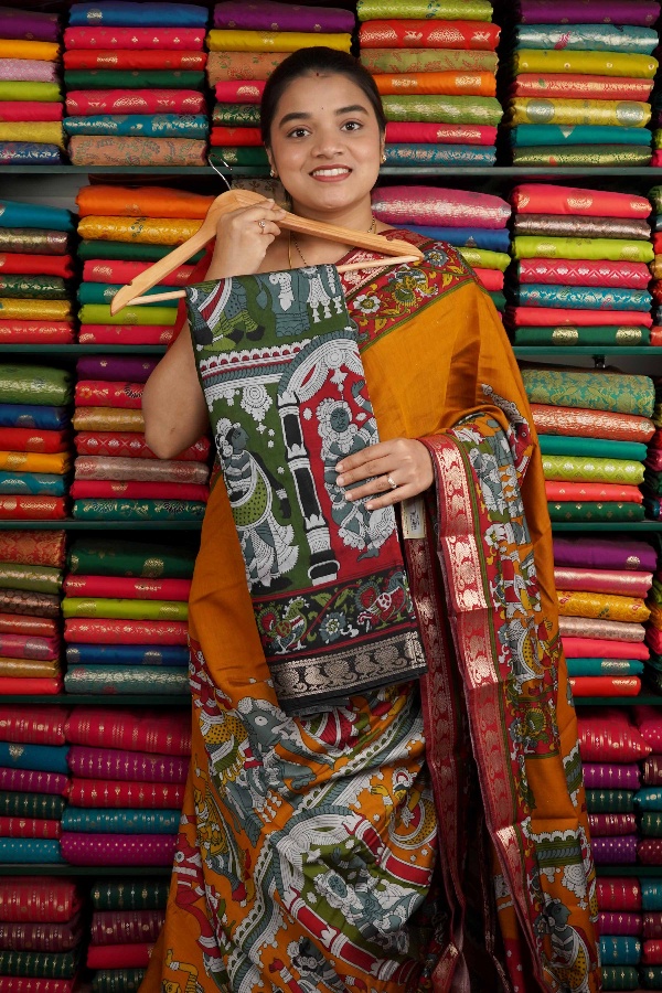 Semi Mangalagiri Kalamkari Print Green And Black Saree