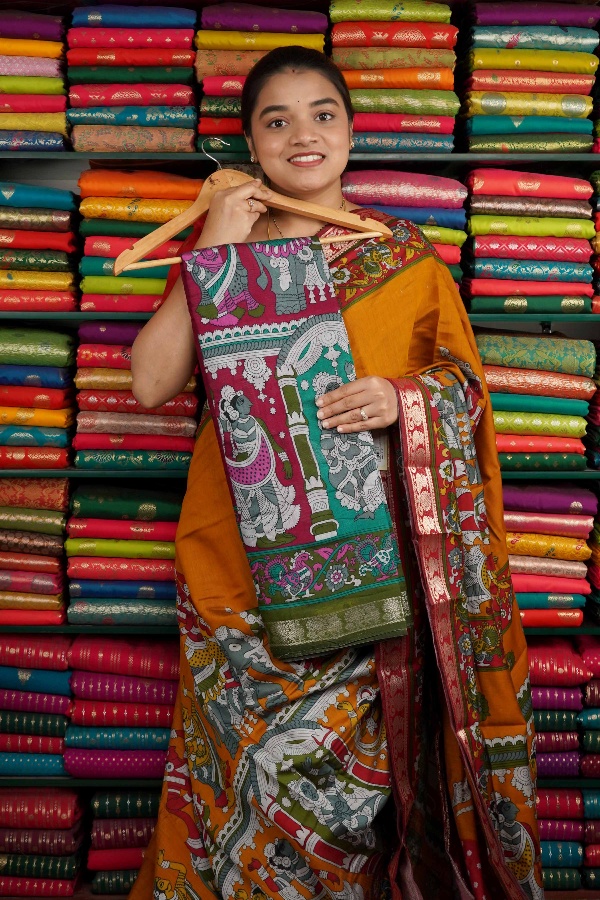 Semi Mangalagiri Kalamkari Print Pink And Green Saree