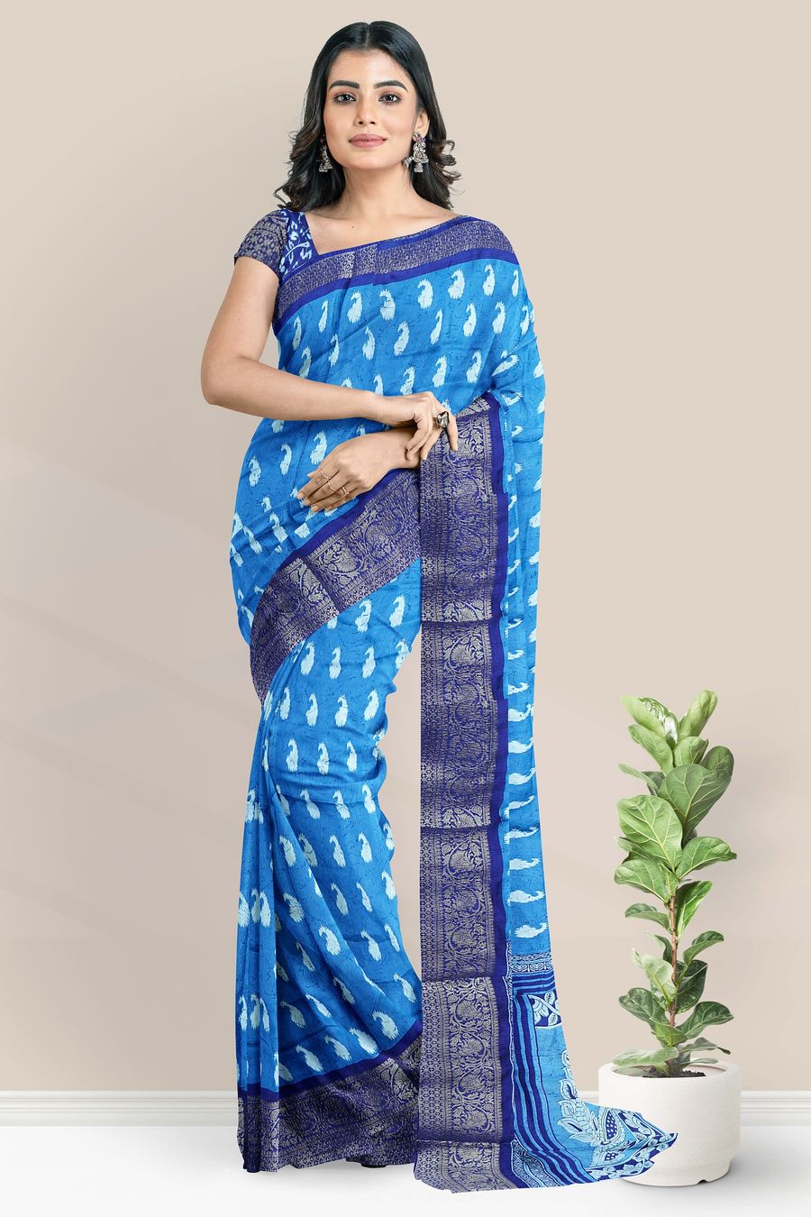 Soft Crushed Silk Gold Zari Ikkath Print Dark Blue With Dark Navy Blue Saree
