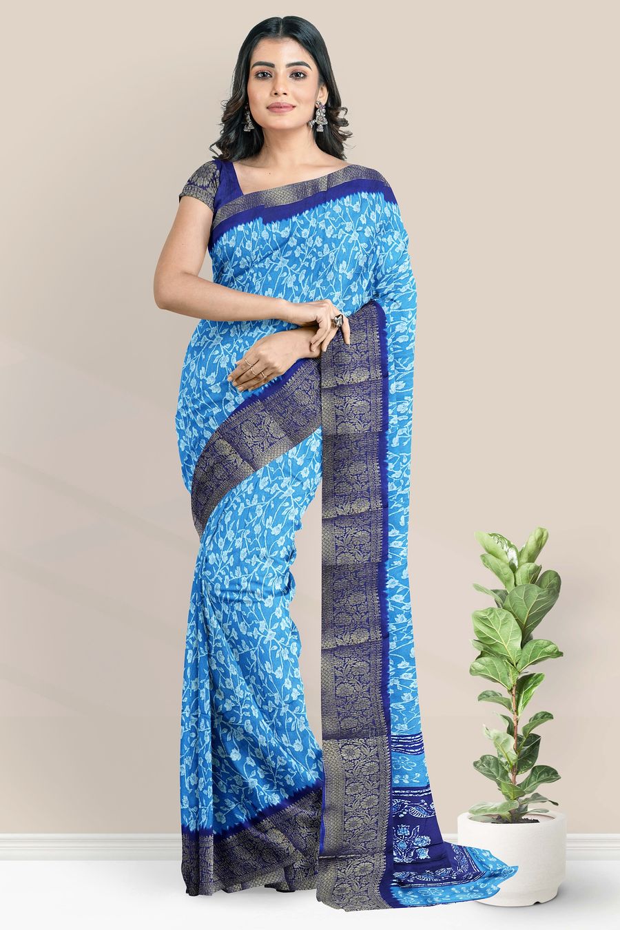 Soft Crushed Silk Gold Zari Floral Print Light Blue With Nvay Blue Saree