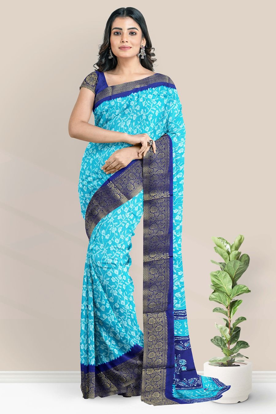 Soft Crushed Silk Gold Zari Floral Print Rama Green With Navy Blue Saree