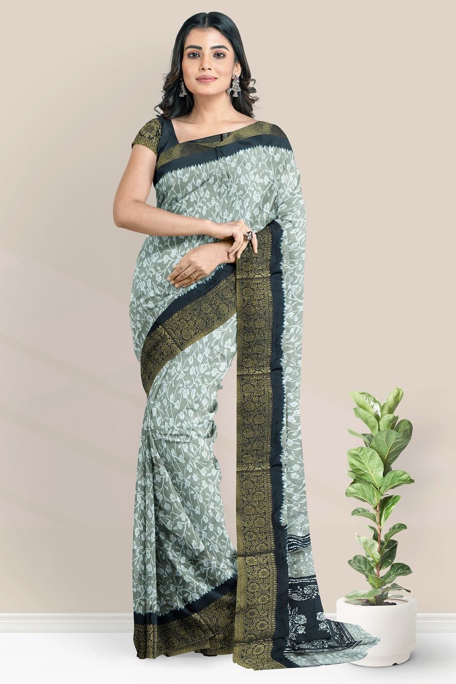 Soft Crushed Silk Gold Zari Floral Print Ash With Black Saree