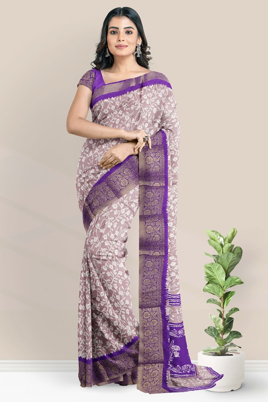 Soft Crushed Silk Gold Zari Floral Print Lavender With Purple Saree