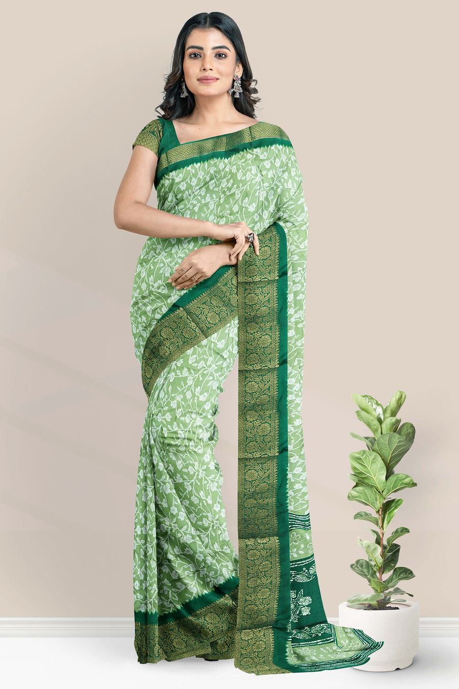 Soft Crushed Silk Gold Zari Floral Print Light Green With Dark Green Saree
