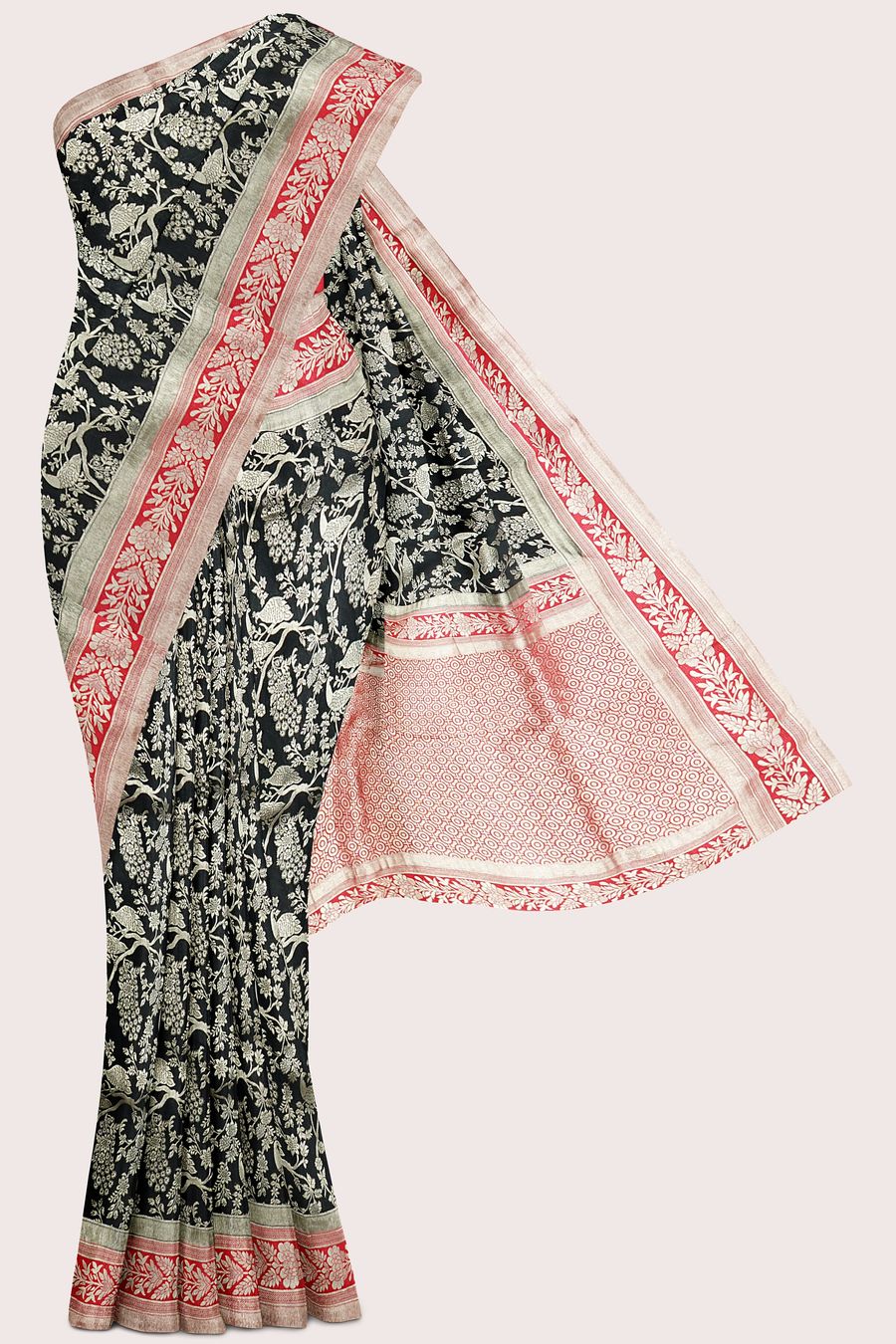 Malai Georgette Full Jal Design Black With Red Saree