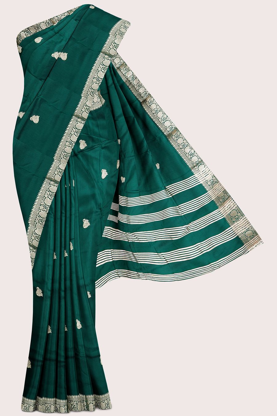 Banaras Crepe Silk Gold Zari Peacock Butti Bottle Green Saree