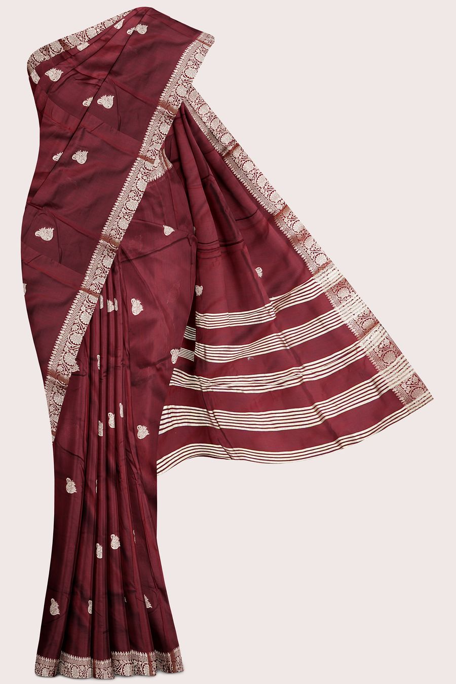 Banaras Crepe Silk Gold Zari Peacock Butti Dark Maroon Saree