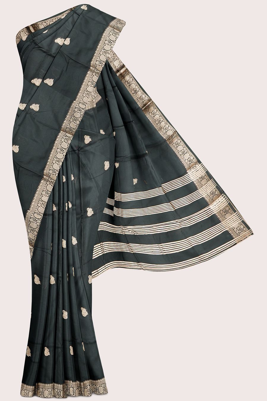 Banaras Crepe Silk Gold Zari Peacock Butti Black Saree