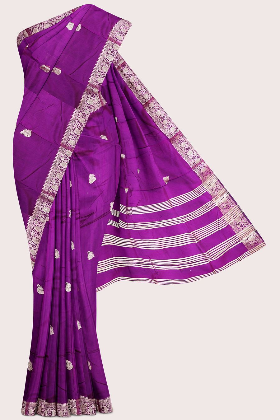 Banaras Crepe Silk Gold Zari Peacock Butti Magenta Pink Saree