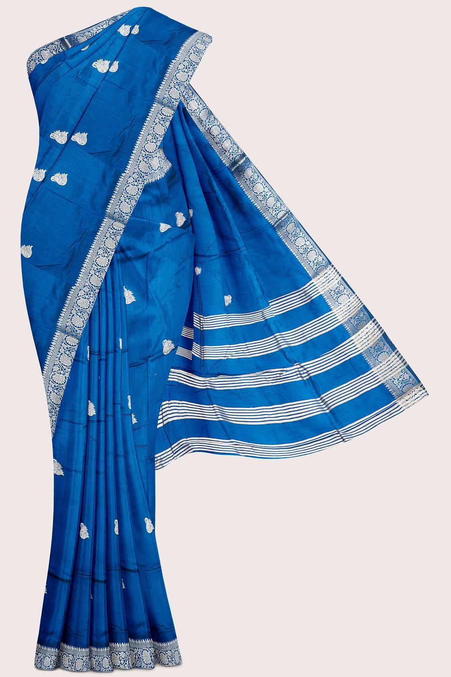 Banaras Crepe Silk Gold Zari Peacock Butti Peacock Blue Saree