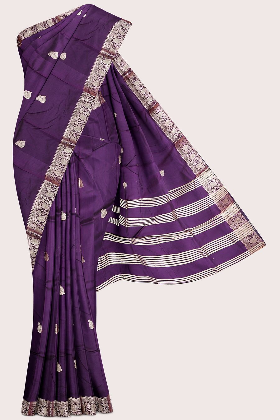 Banaras Crepe Silk Gold Zari Peacock Butti Dark Purple Saree