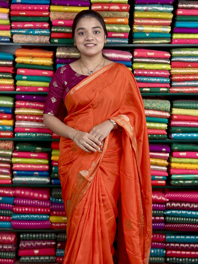 Mashru Silk Peacock Border Orange And Wine Saree