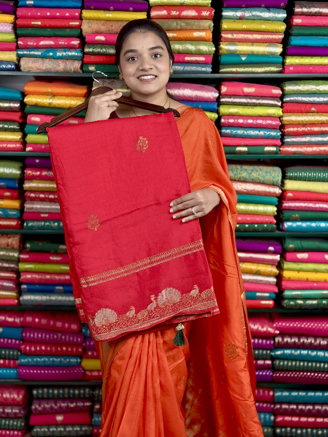 Mashru Silk Peacock Border Red And Green Saree