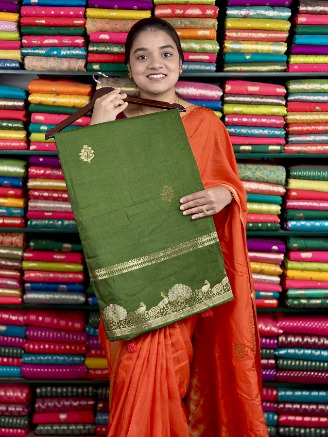 Mashru Silk Peacock Border Dark Green And Red Saree