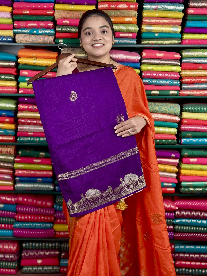 Mashru Silk Peacock Border Purple And Yellow Saree