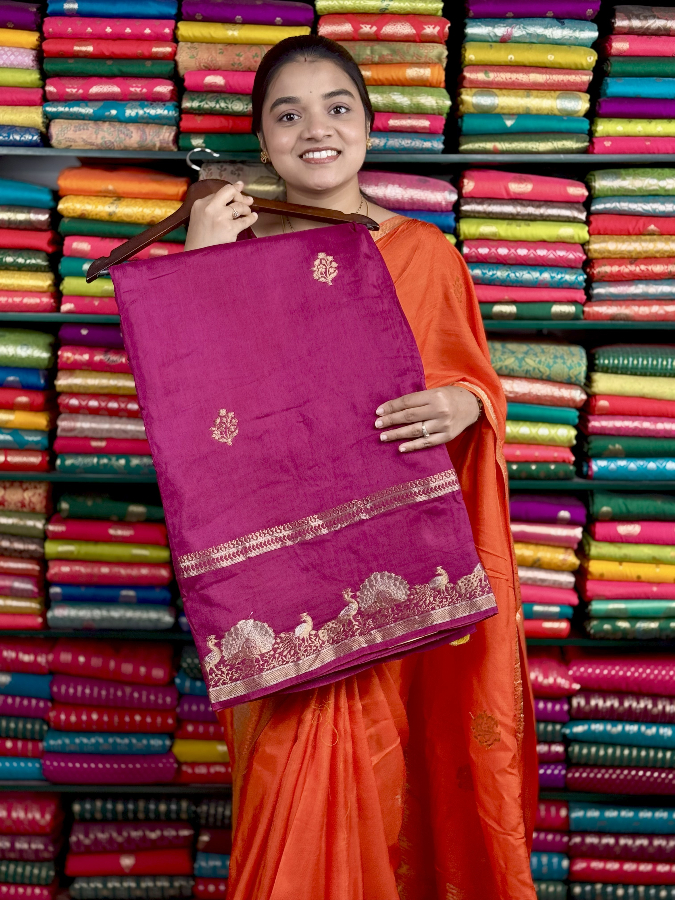 Mashru Silk Peacock Border Wine And Yellow Saree