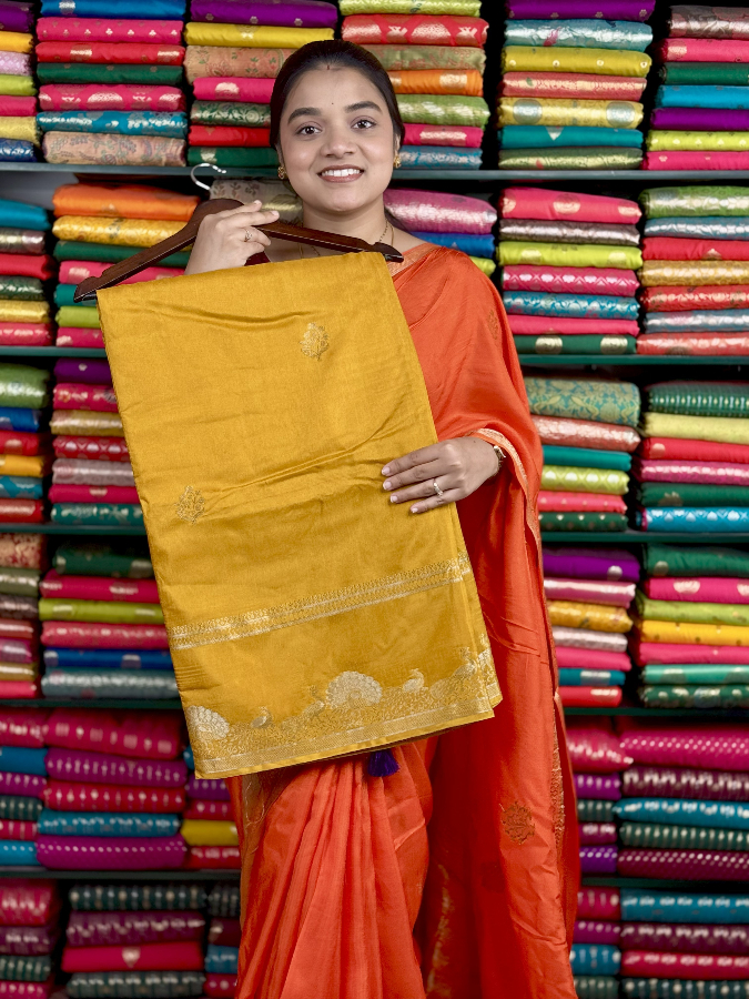 Mashru Silk Peacock Border Yellow And Purple Saree