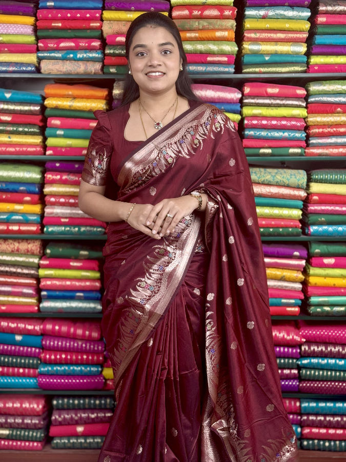 Soft Maheswari Silk Meena LeafBorder Dark Maroon Saree
