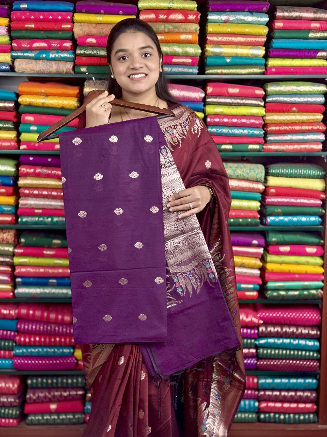 Soft Maheswari Silk Meena LeafBorder Jamun Saree