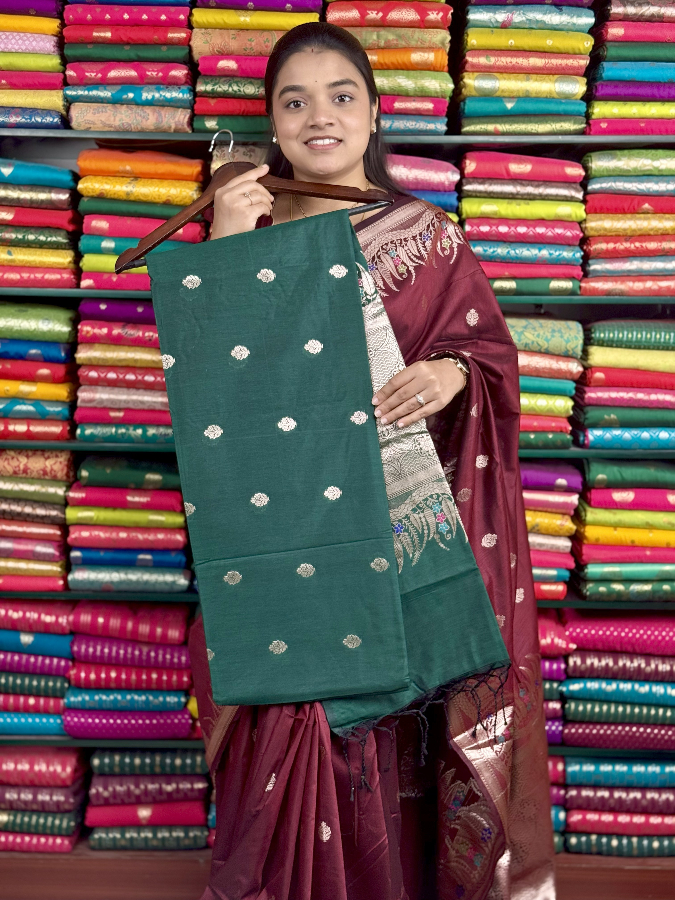 Soft Maheswari Silk Meena LeafBorder Dark Green Saree