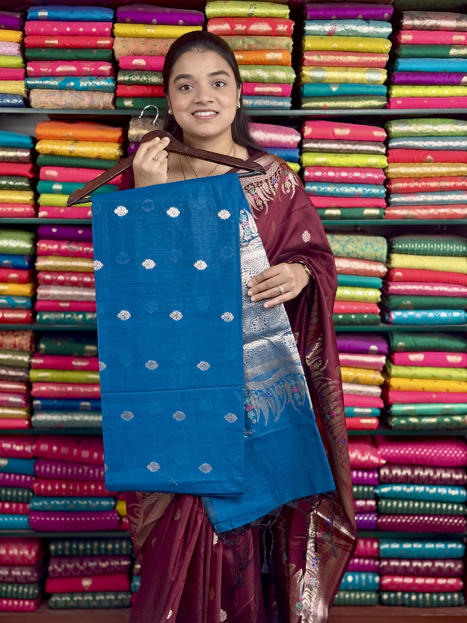 Soft Maheswari Silk Meena LeafBorder CopperSulphateBlue Saree