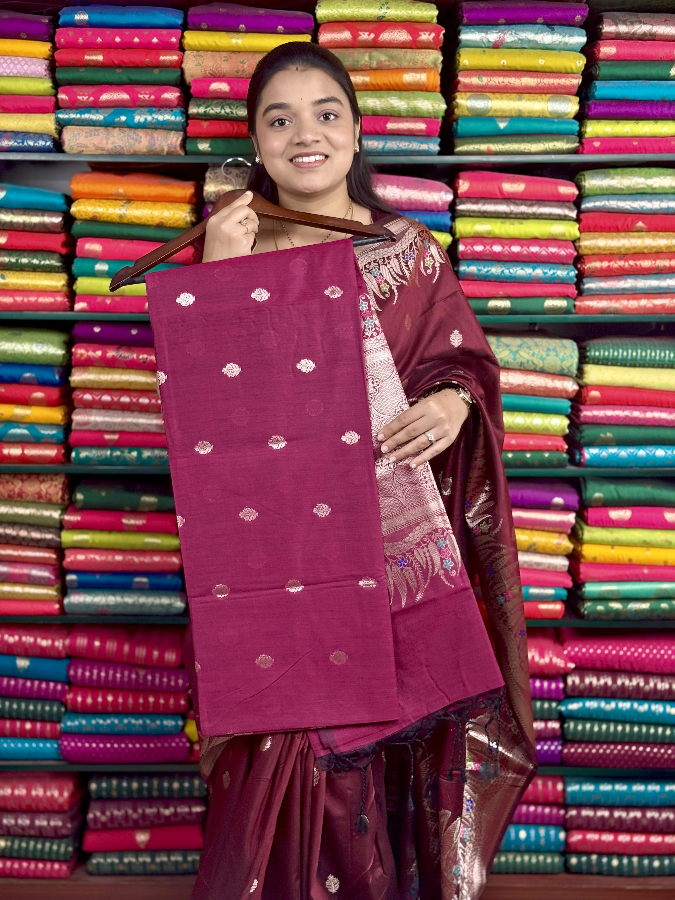 Soft Maheswari Silk Meena LeafBorder Dark Pink Saree
