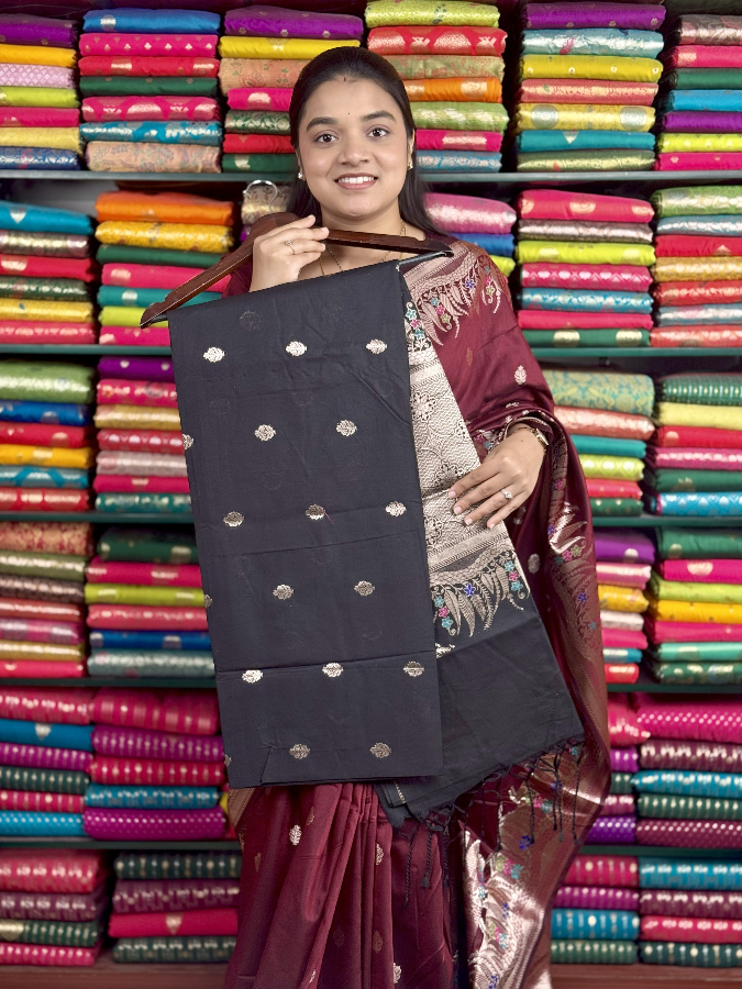 Soft Maheswari Silk Meena LeafBorder Black Saree