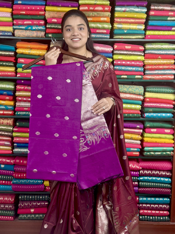 Soft Maheswari Silk Meena LeafBorder MagenthaPink Saree