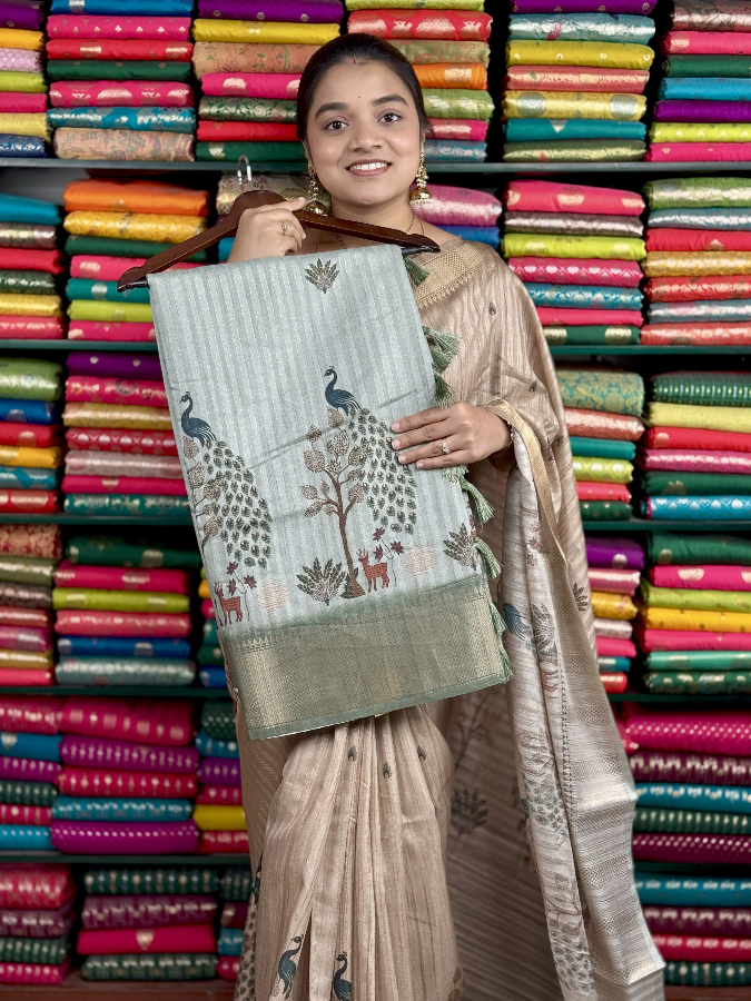 Soft Jute Silk Peacock Print Light SeaGreen Saree