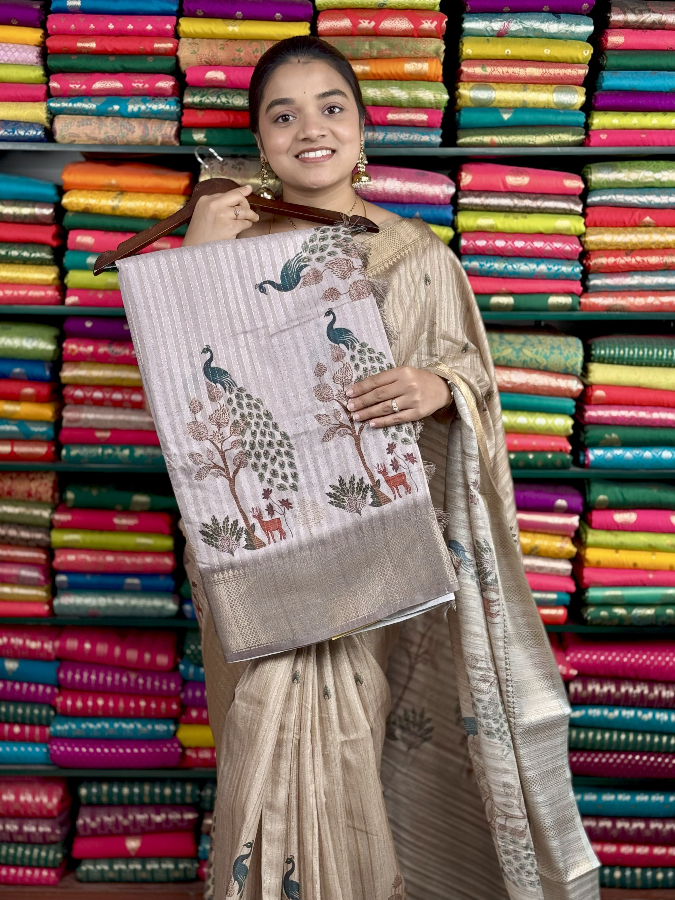 Soft Jute Silk Peacock Print Light Lilac Saree