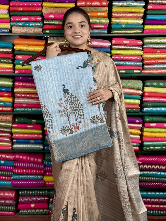 Soft Jute Silk Peacock Print SeaBlue Saree