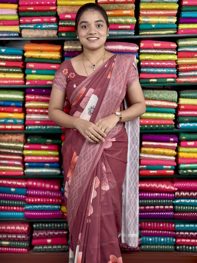 Soft Georgette Digital Print Mat Maroon Saree