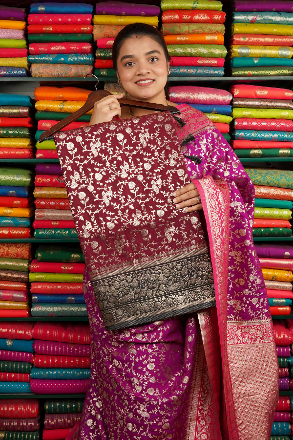 Banarasi Georgette All Over Design Dark Maroon And Grayish Green Saree