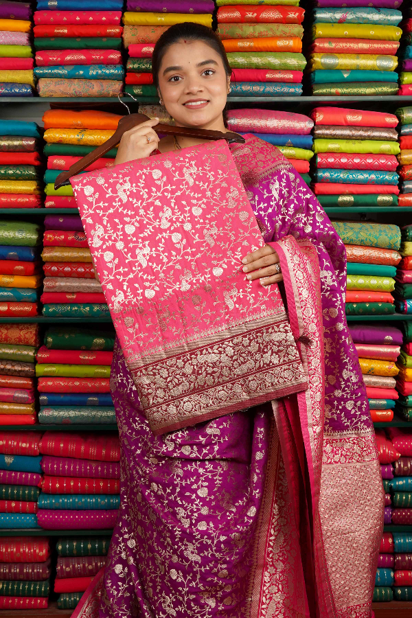 Banarasi Georgette All Over Design Blush Pink And Maroon Saree