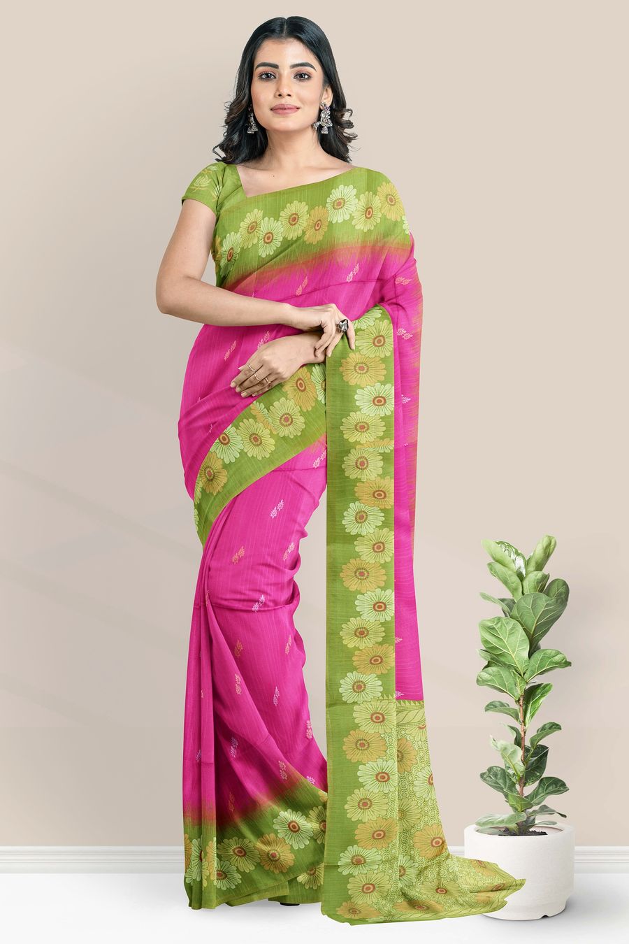Jute Silk Florlal Border Pink And Green Saree