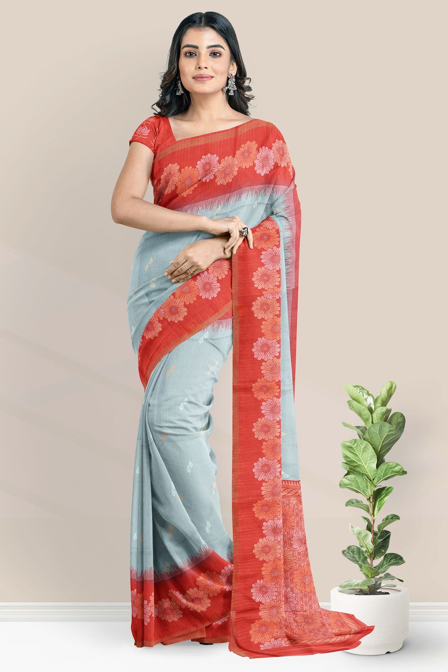 Jute Silk Florlal Border Ash And Maroon Saree