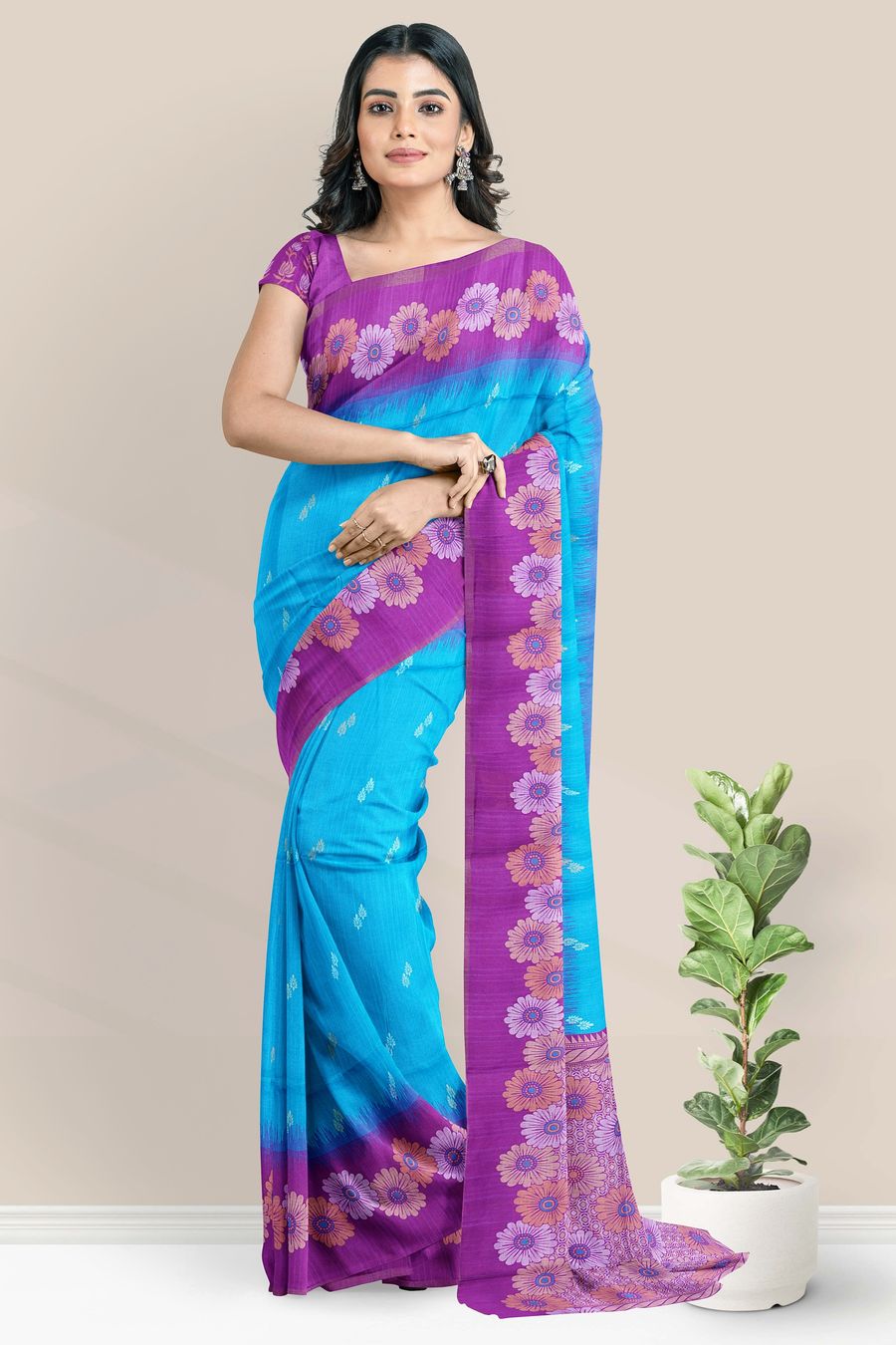 Jute Silk Florlal Border Dark Coppersulphat Blue And Dark Magenta Saree