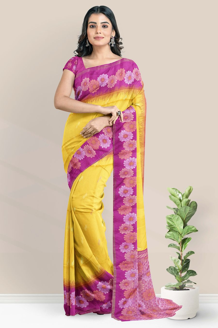 Jute Silk Florlal Border Musturd Yellow And Dark Magenta Saree