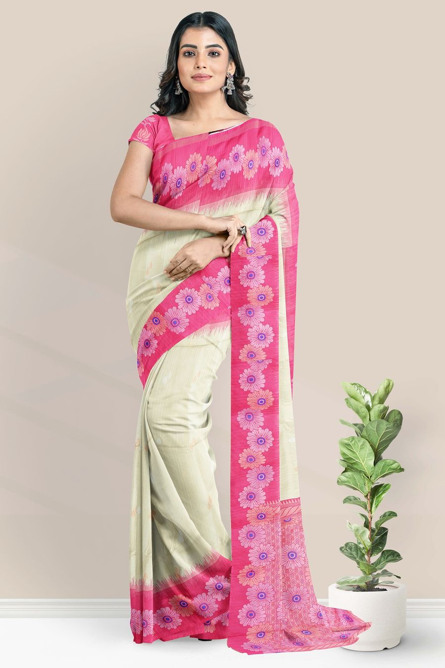 Jute Silk Florlal Border Cream And Pink Saree
