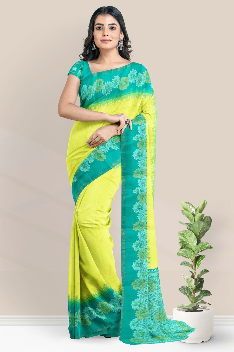 Jute Silk Florlal Border Lemon Yellow And Green Saree