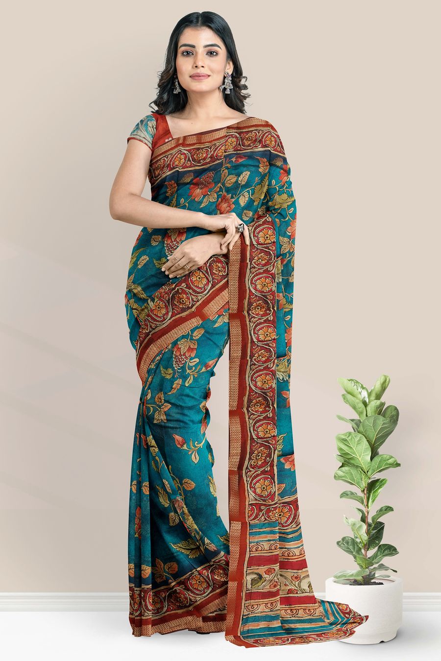 Maheswari Silk Floral Kalamkari Print Rama Green And Maroon Saree