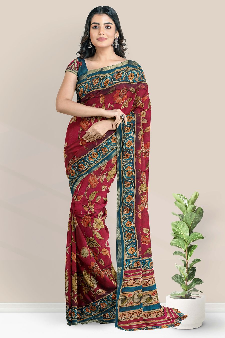 Maheswari Silk Floral Kalamkari Print Pink And Rama Green Saree